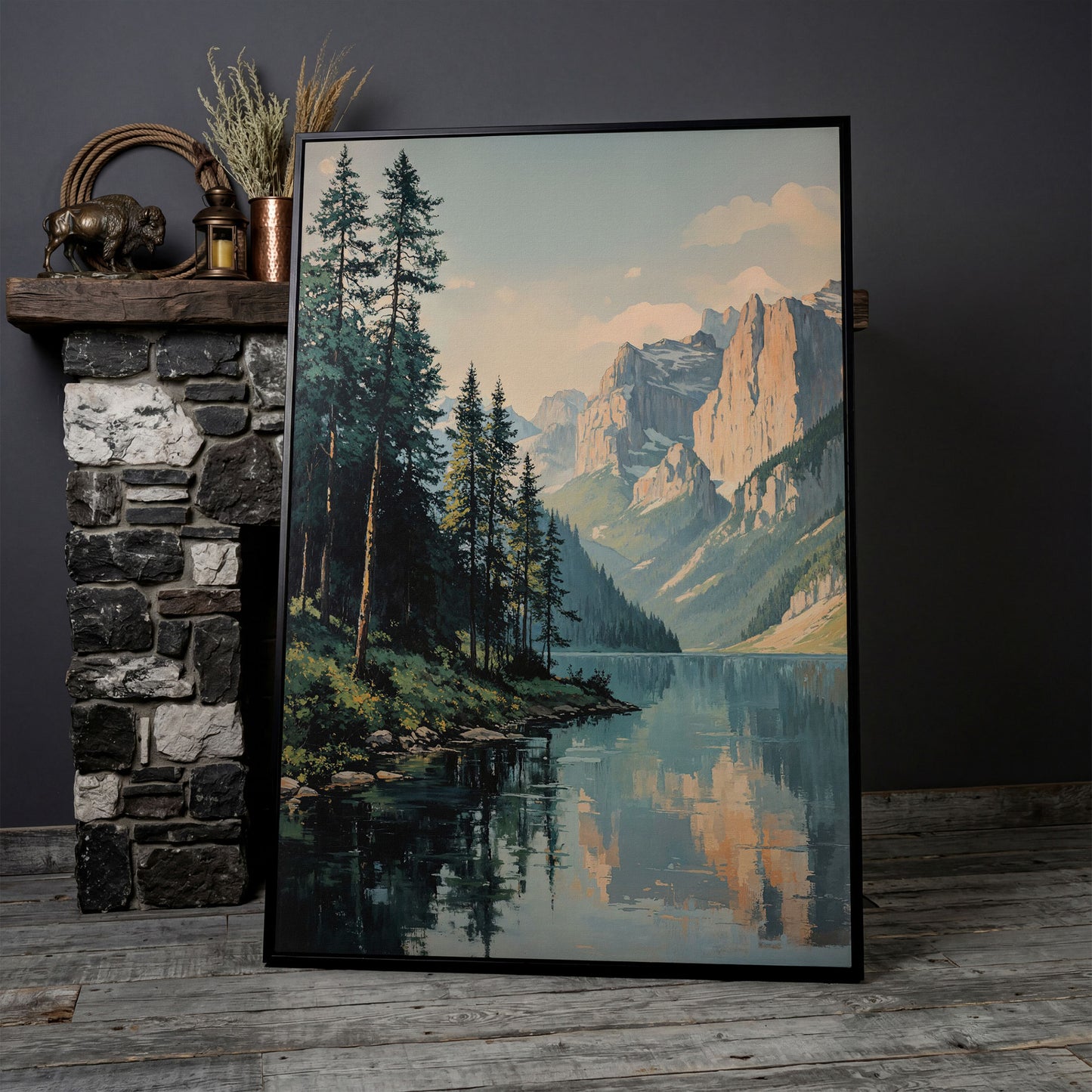 Mountain Lake Reflection Canvas Wall Art, Portrait Landscape in black floating frame