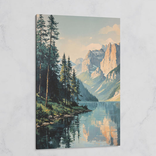 Mountain Lake Reflection Canvas Wall Art, Portrait Landscape on gallery wrap
