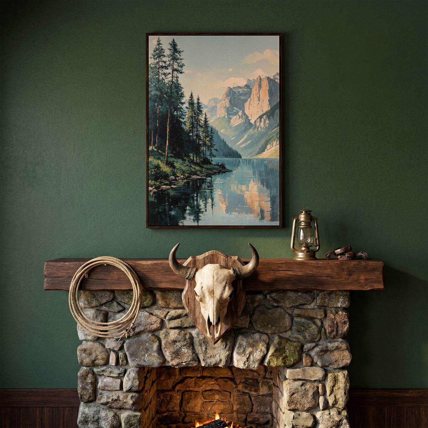 Mountain Lake Reflection Canvas Wall Art, Portrait Landscape in dark walnut floating frame