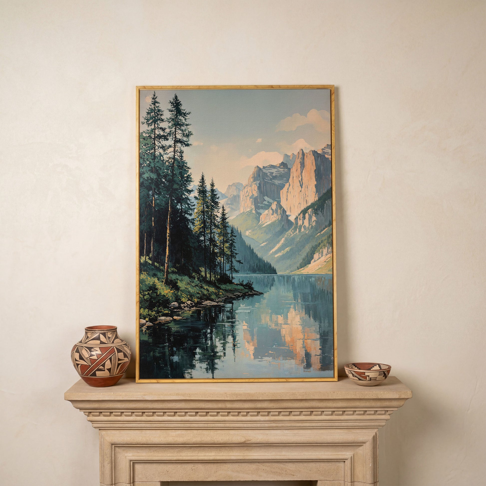 Mountain Lake Reflection Canvas Wall Art, Portrait Landscape in white oak floating frame