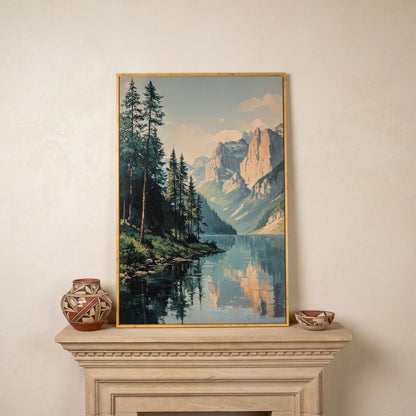 Mountain Lake Reflection Canvas Wall Art, Portrait Landscape in white oak floating frame