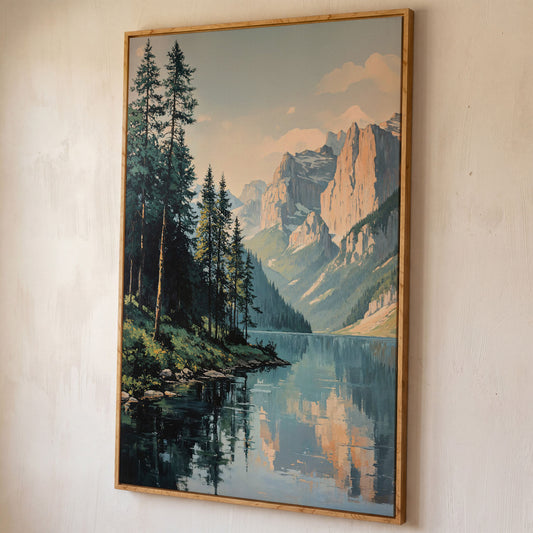 Mountain Lake Reflection Canvas Wall Art, Portrait Landscape shown in white oak floating frame