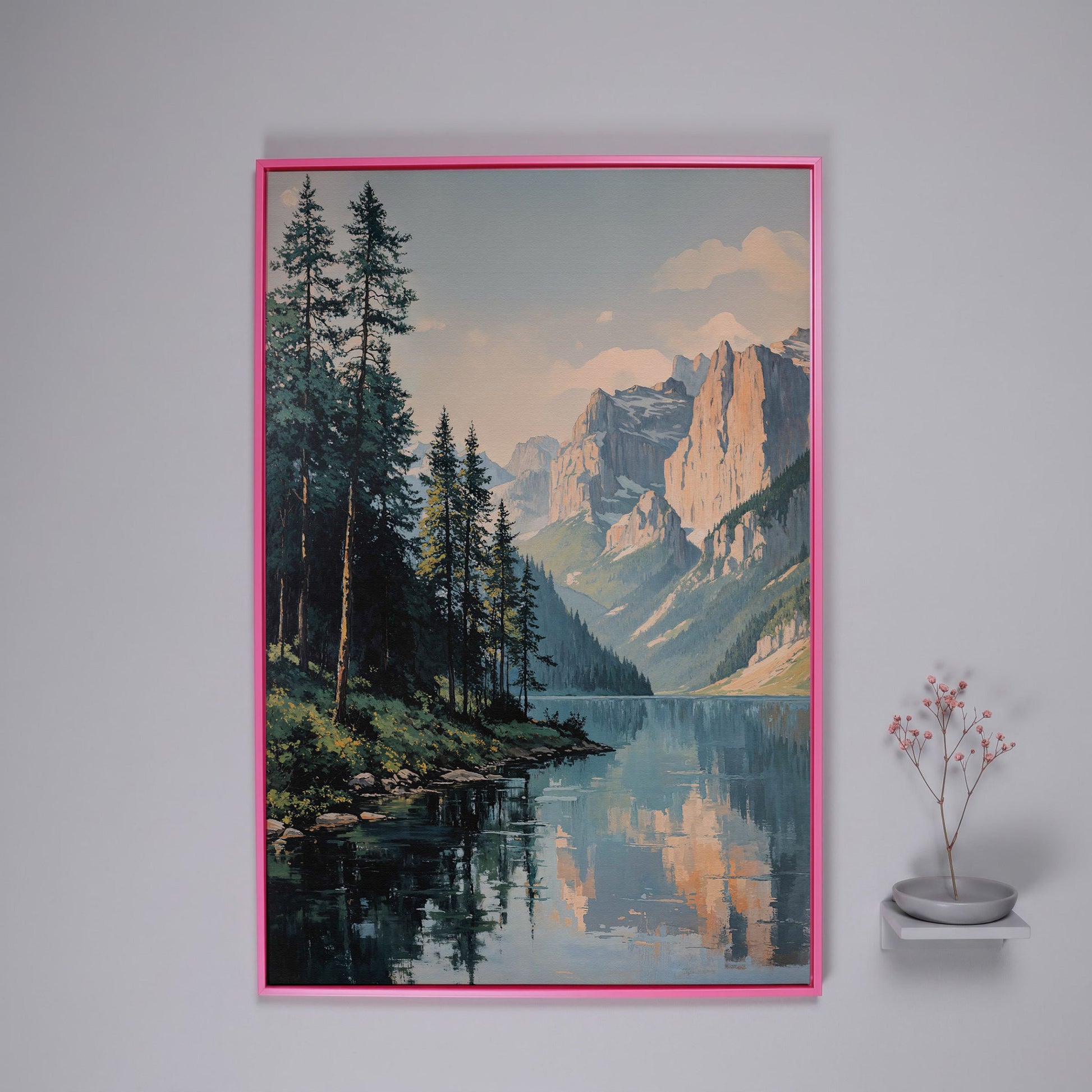 Mountain Lake Reflection Canvas Wall Art, Portrait Landscape in pink floating frame