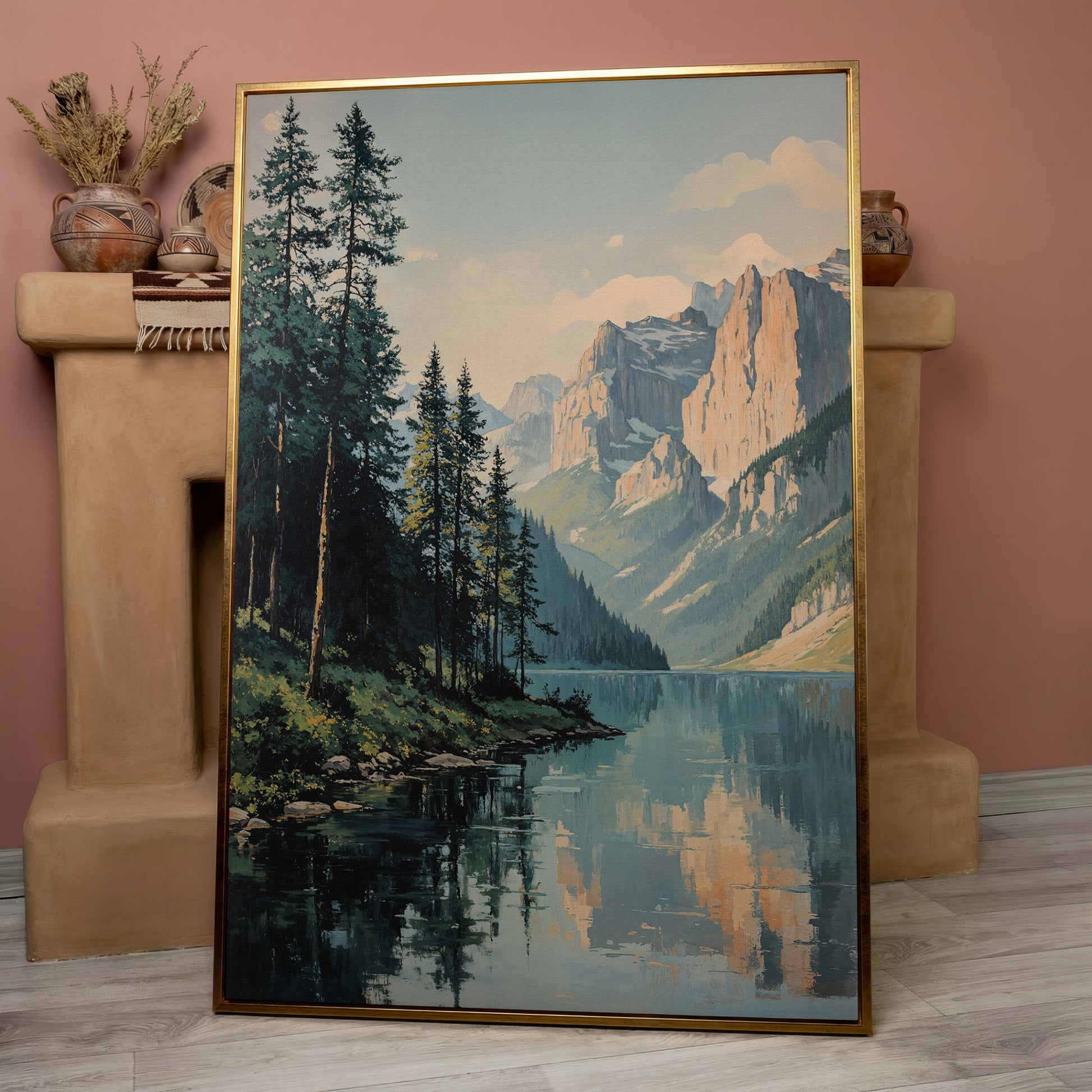 Mountain Lake Reflection Canvas Wall Art, Portrait Landscape in rose gold floating frame