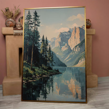 Mountain Lake Reflection Canvas Wall Art, Portrait Landscape in rose gold floating frame