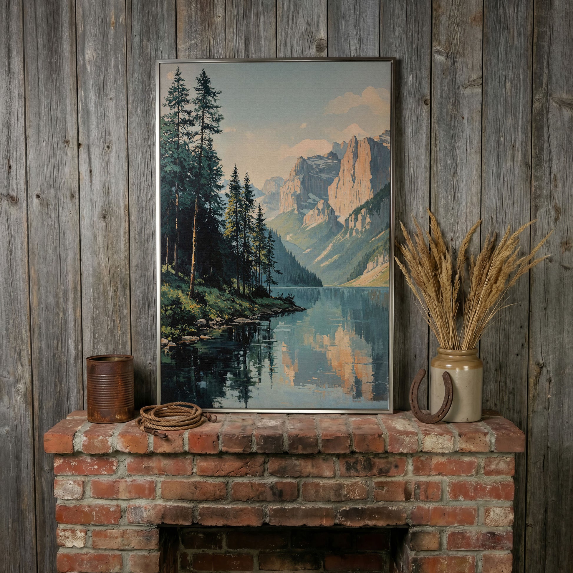 Mountain Lake Reflection Canvas Wall Art, Portrait Landscape in silver floating frame