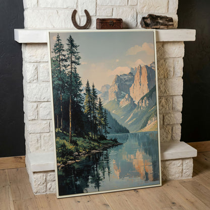 Mountain Lake Reflection Canvas Wall Art, Portrait Landscape in white floating frame