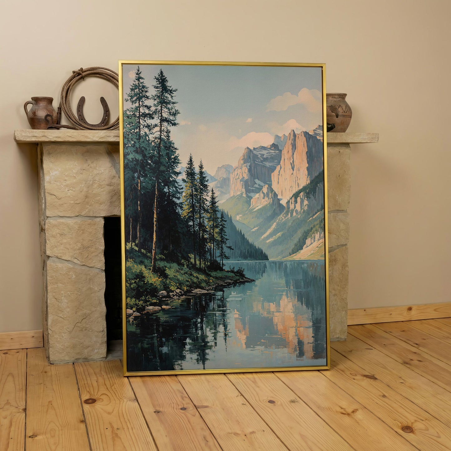 Mountain Lake Reflection Canvas Wall Art, Portrait Landscape in yellow gold floating frame