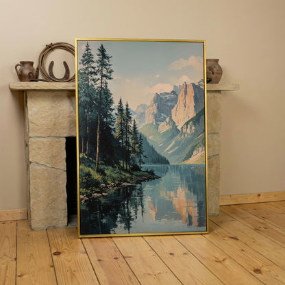 Mountain Lake Reflection Canvas Wall Art, Portrait Landscape in yellow gold floating frame