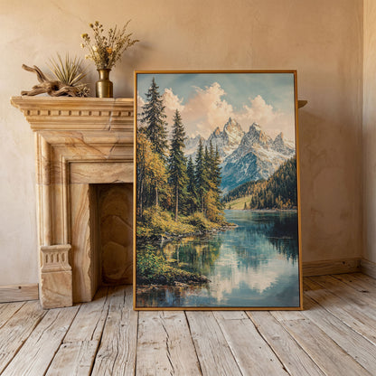 Mountain Lake Reflection with Autumn Forest Canvas Wall Art in antique gold floating frame