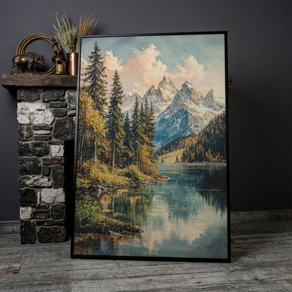Mountain Lake Reflection with Autumn Forest Canvas Wall Art in black floating frame