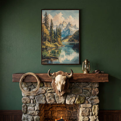 Mountain Lake Reflection with Autumn Forest Canvas Wall Art in dark walnut floating frame