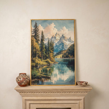 Mountain Lake Reflection with Autumn Forest Canvas Wall Art in white oak floating frame