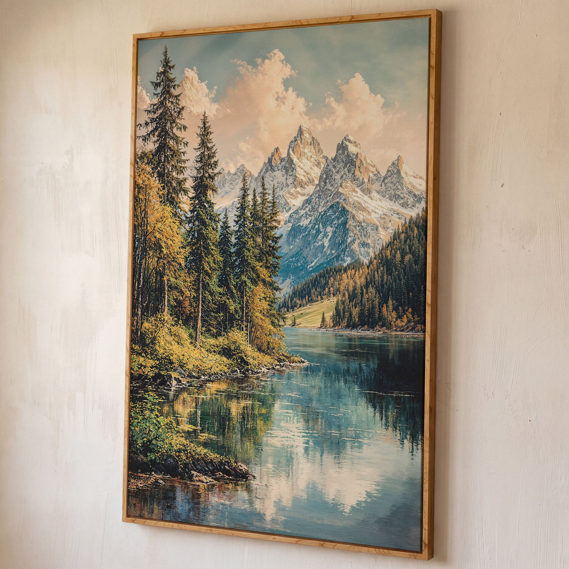 Mountain Lake Reflection with Autumn Forest Canvas Wall Art shown in white oak floating frame