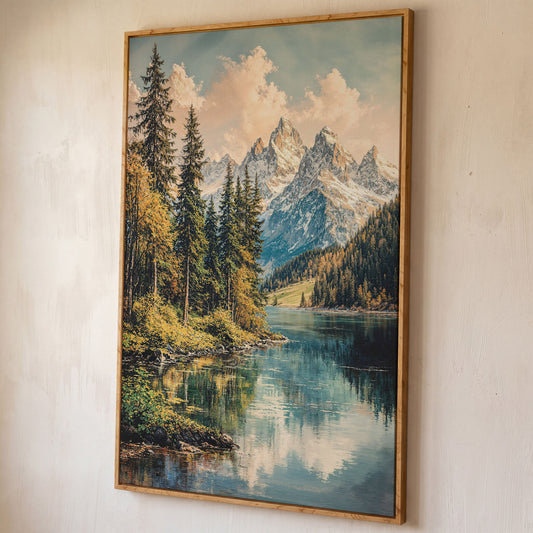Mountain Lake Reflection with Autumn Forest Canvas Wall Art shown in white oak floating frame