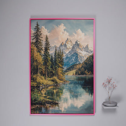 Mountain Lake Reflection with Autumn Forest Canvas Wall Art in pink floating frame