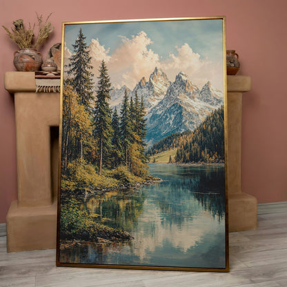 Mountain Lake Reflection with Autumn Forest Canvas Wall Art in rose gold floating frame