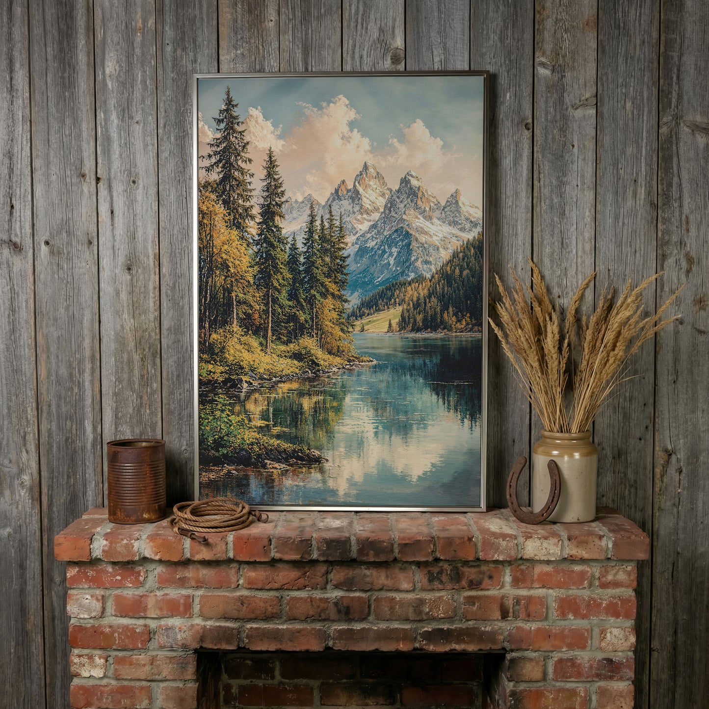 Mountain Lake Reflection with Autumn Forest Canvas Wall Art in silver floating frame