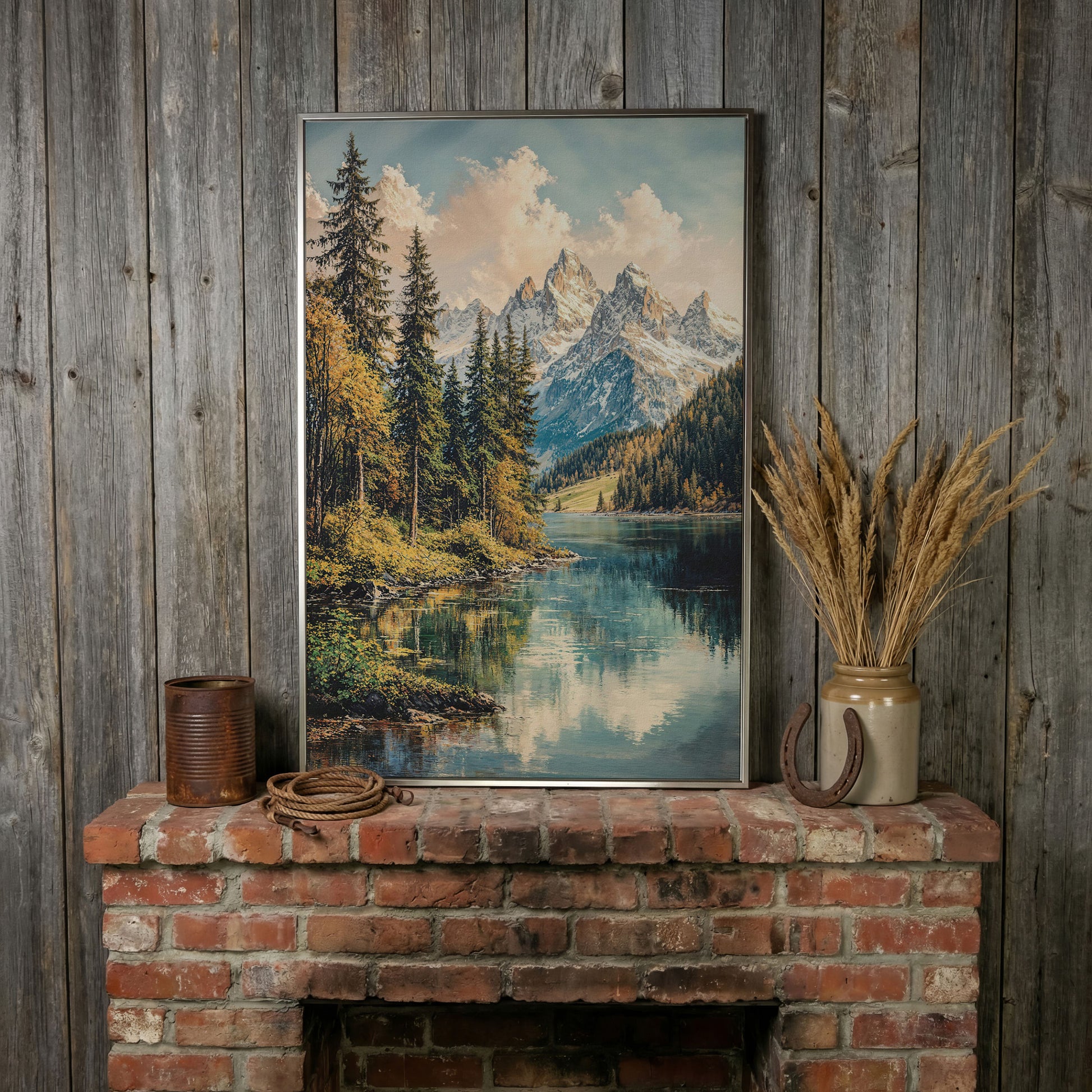 Mountain Lake Reflection with Autumn Forest Canvas Wall Art in silver floating frame