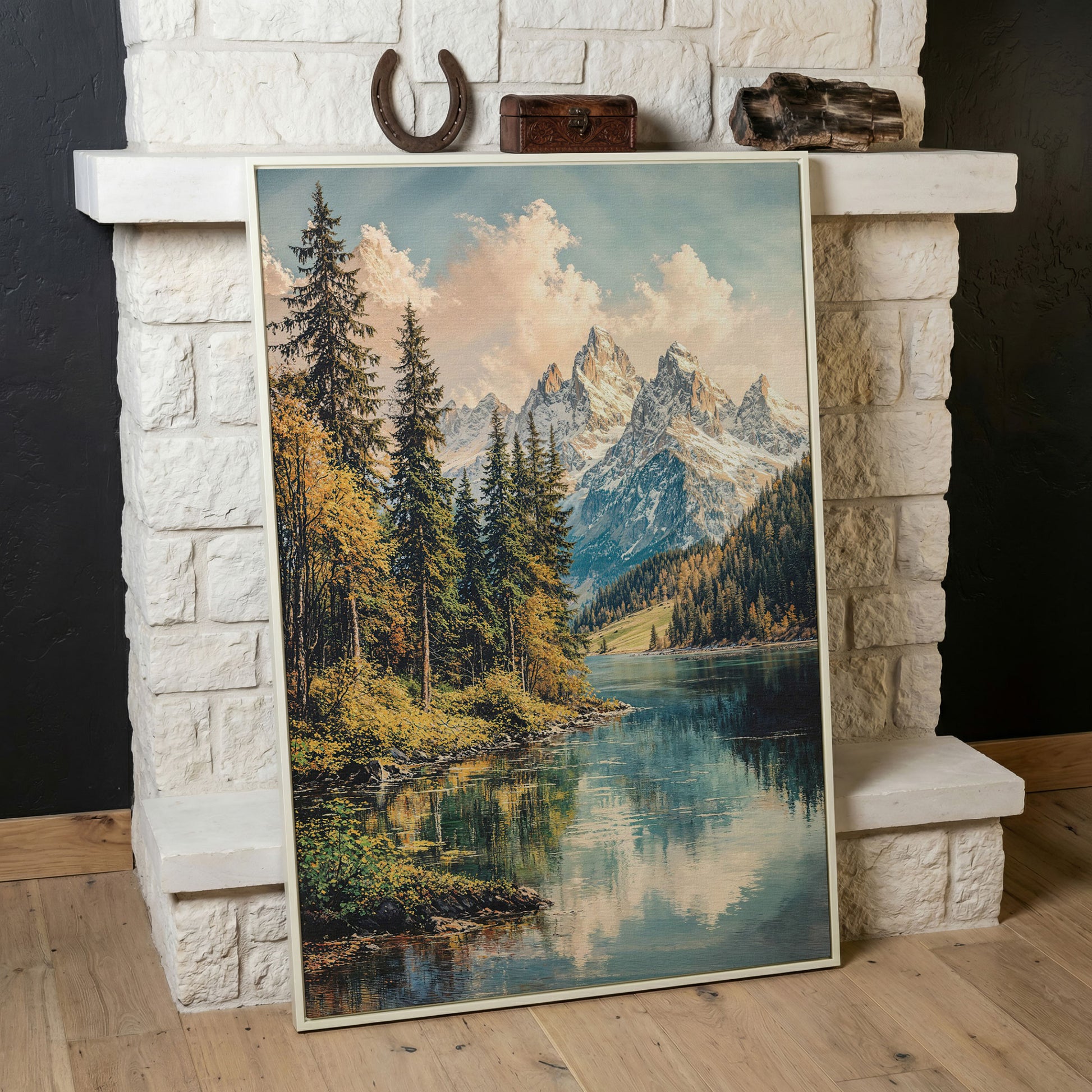 Mountain Lake Reflection with Autumn Forest Canvas Wall Art in white floating frame