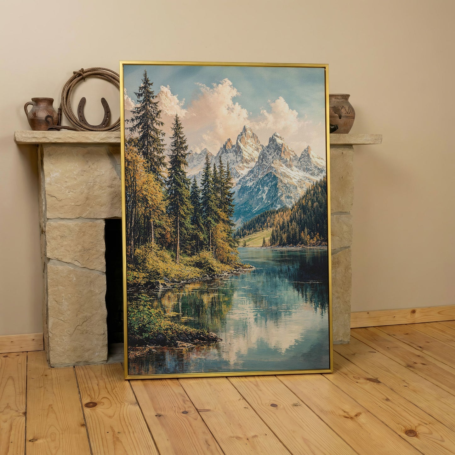 Mountain Lake Reflection with Autumn Forest Canvas Wall Art in yellow gold floating frame
