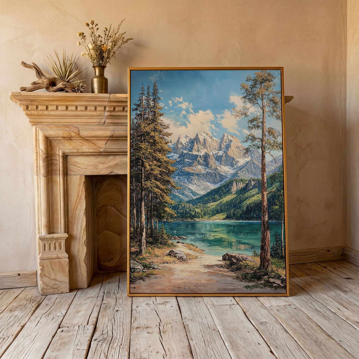Mountain Lake in Summer: Portrait Canvas Print in antique gold floating frame