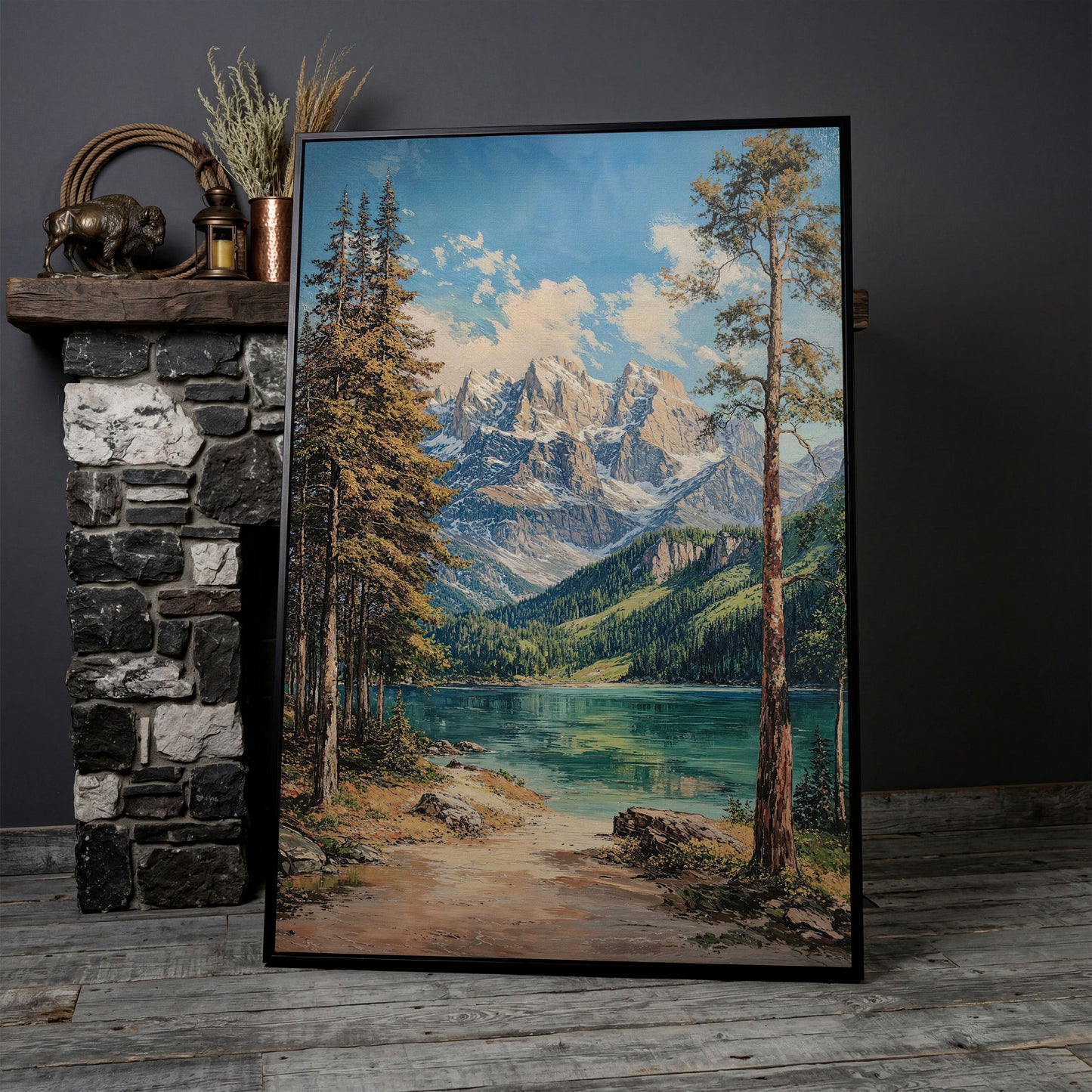 Mountain Lake in Summer: Portrait Canvas Print in black floating frame
