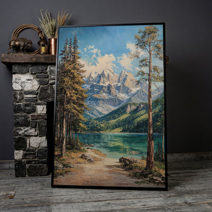 Mountain Lake in Summer: Portrait Canvas Print in black floating frame