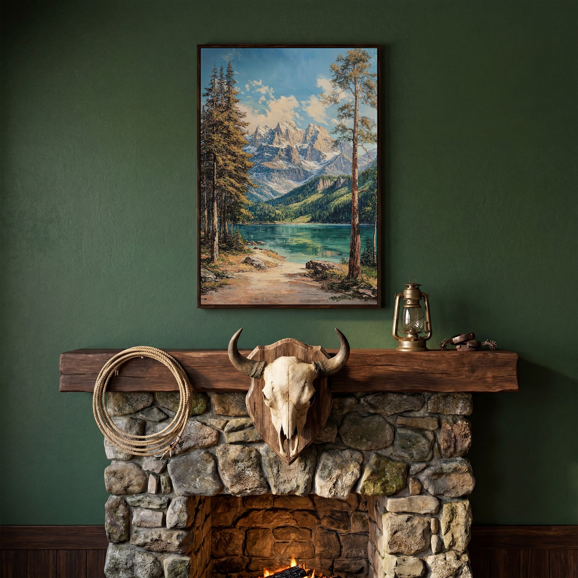 Mountain Lake in Summer: Portrait Canvas Print in dark walnut floating frame