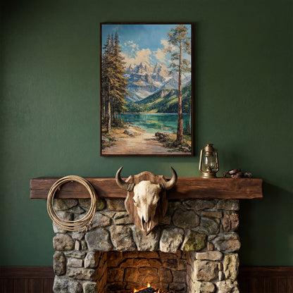 Mountain Lake in Summer: Portrait Canvas Print in dark walnut floating frame