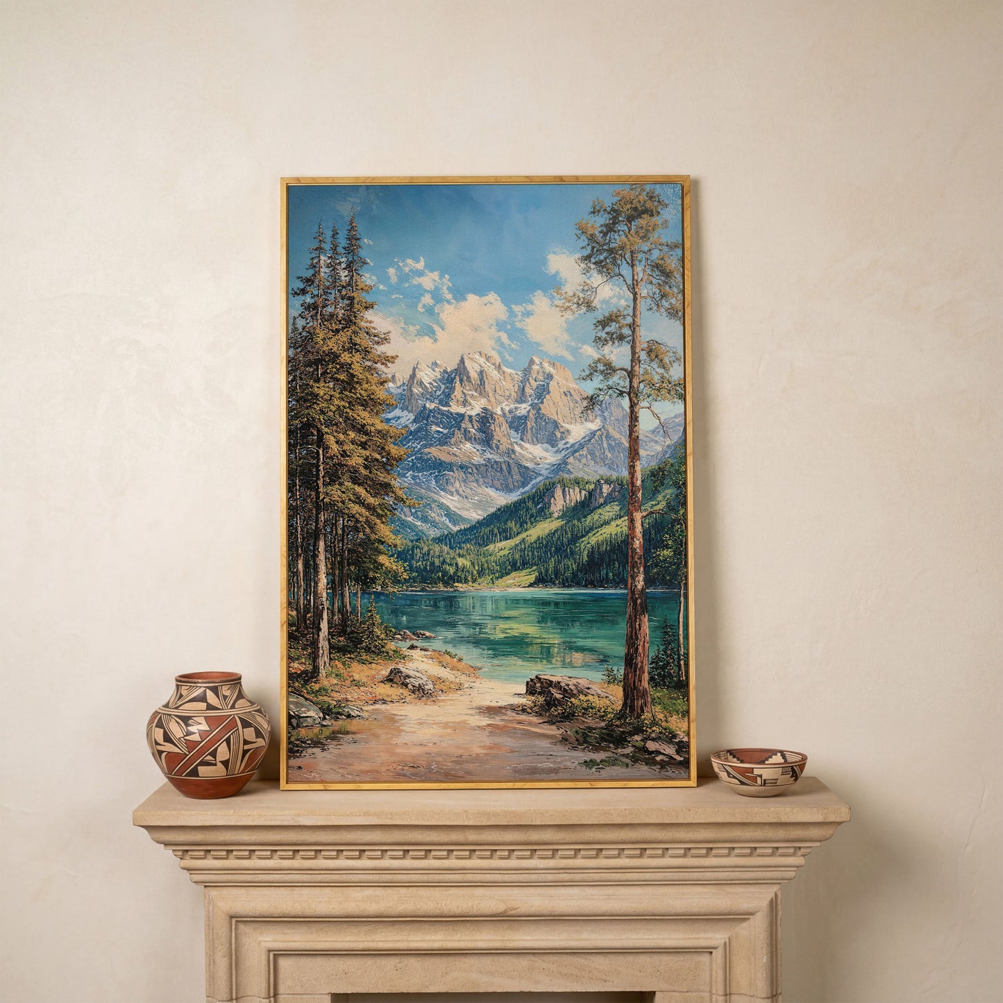 Mountain Lake in Summer: Portrait Canvas Print in white oak floating frame