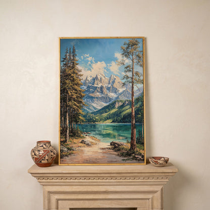 Mountain Lake in Summer: Portrait Canvas Print in white oak floating frame