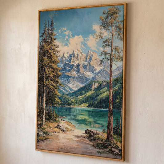 Mountain Lake in Summer: Portrait Canvas Print shown in white oak floating frame