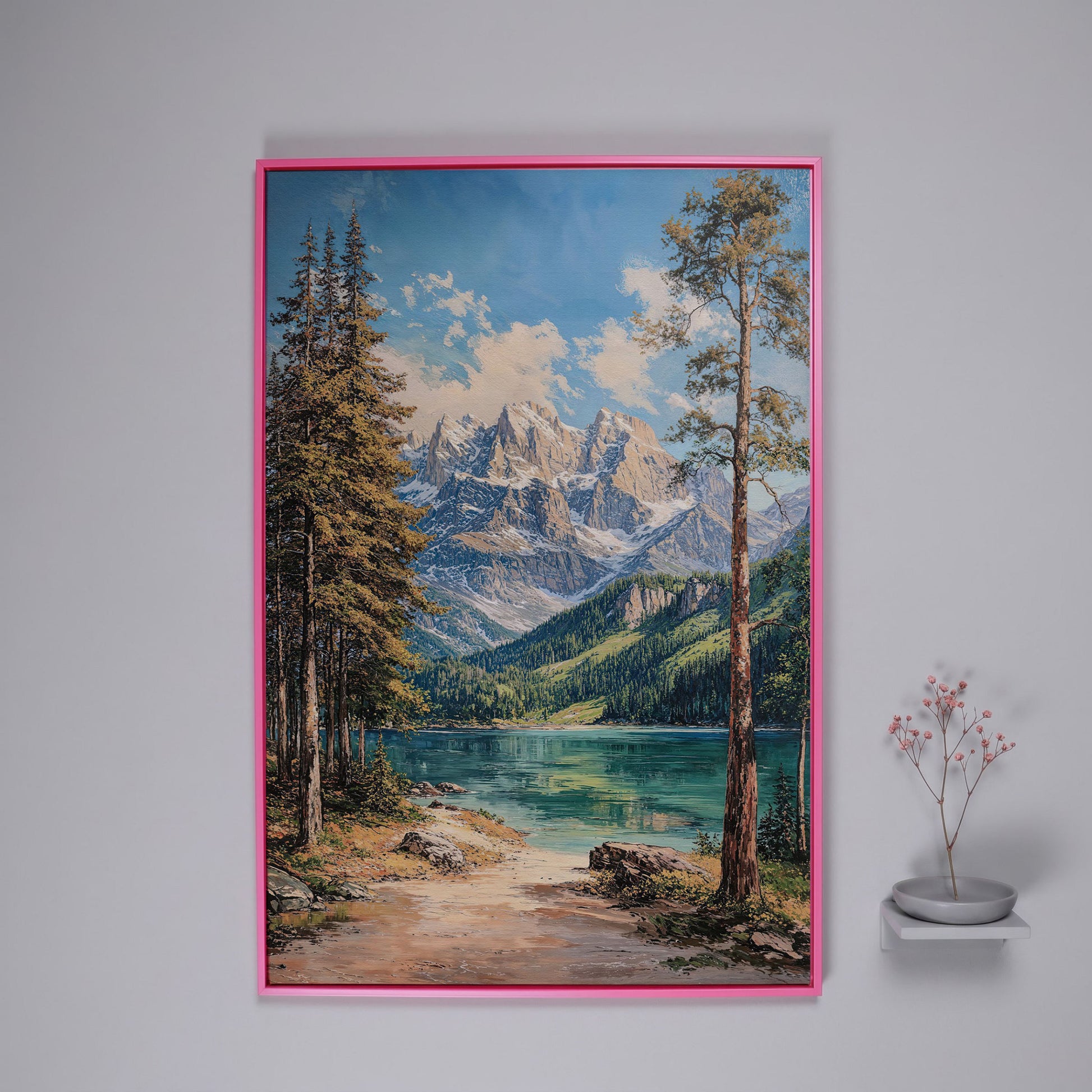 Mountain Lake in Summer: Portrait Canvas Print in pink floating frame