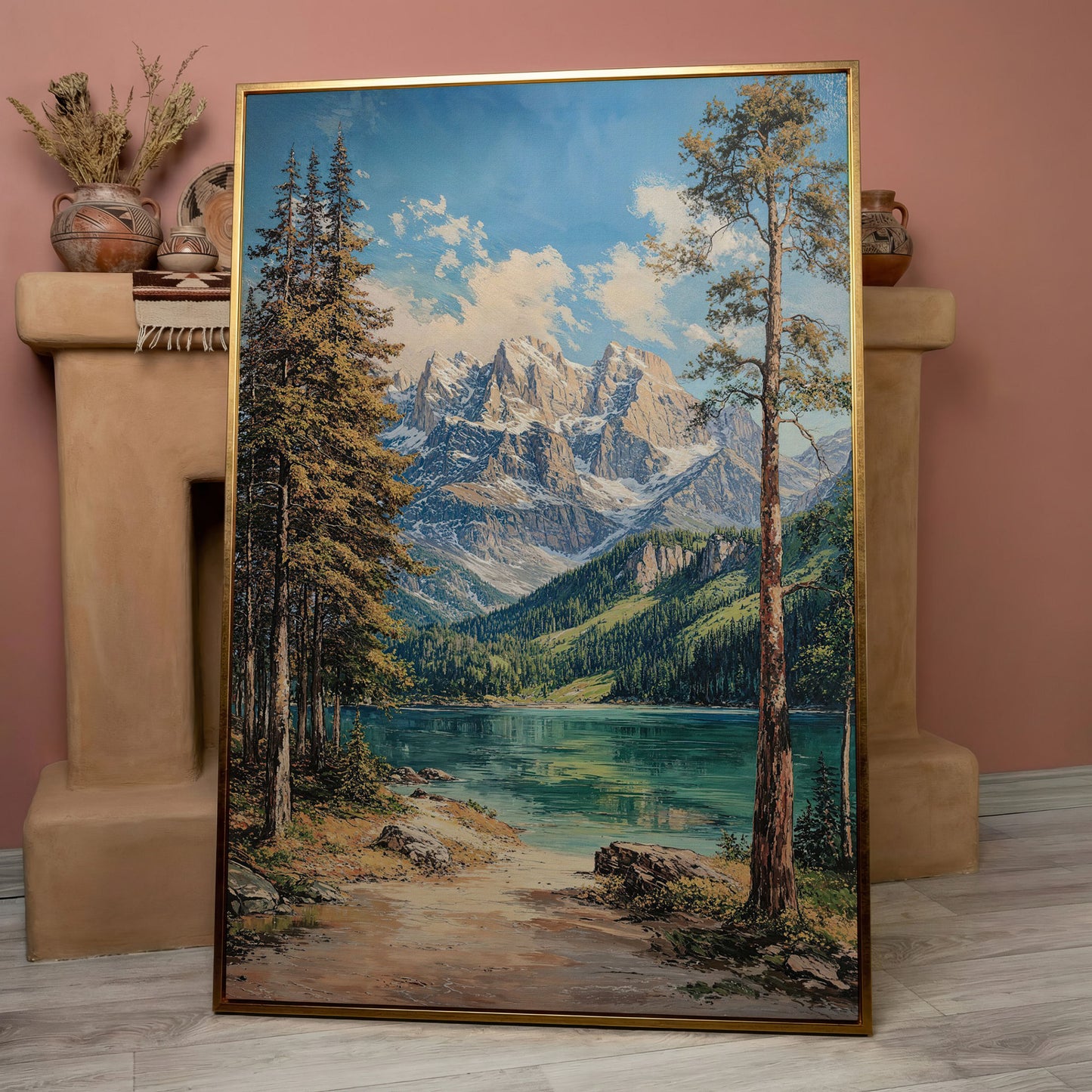 Mountain Lake in Summer: Portrait Canvas Print in rose gold floating frame