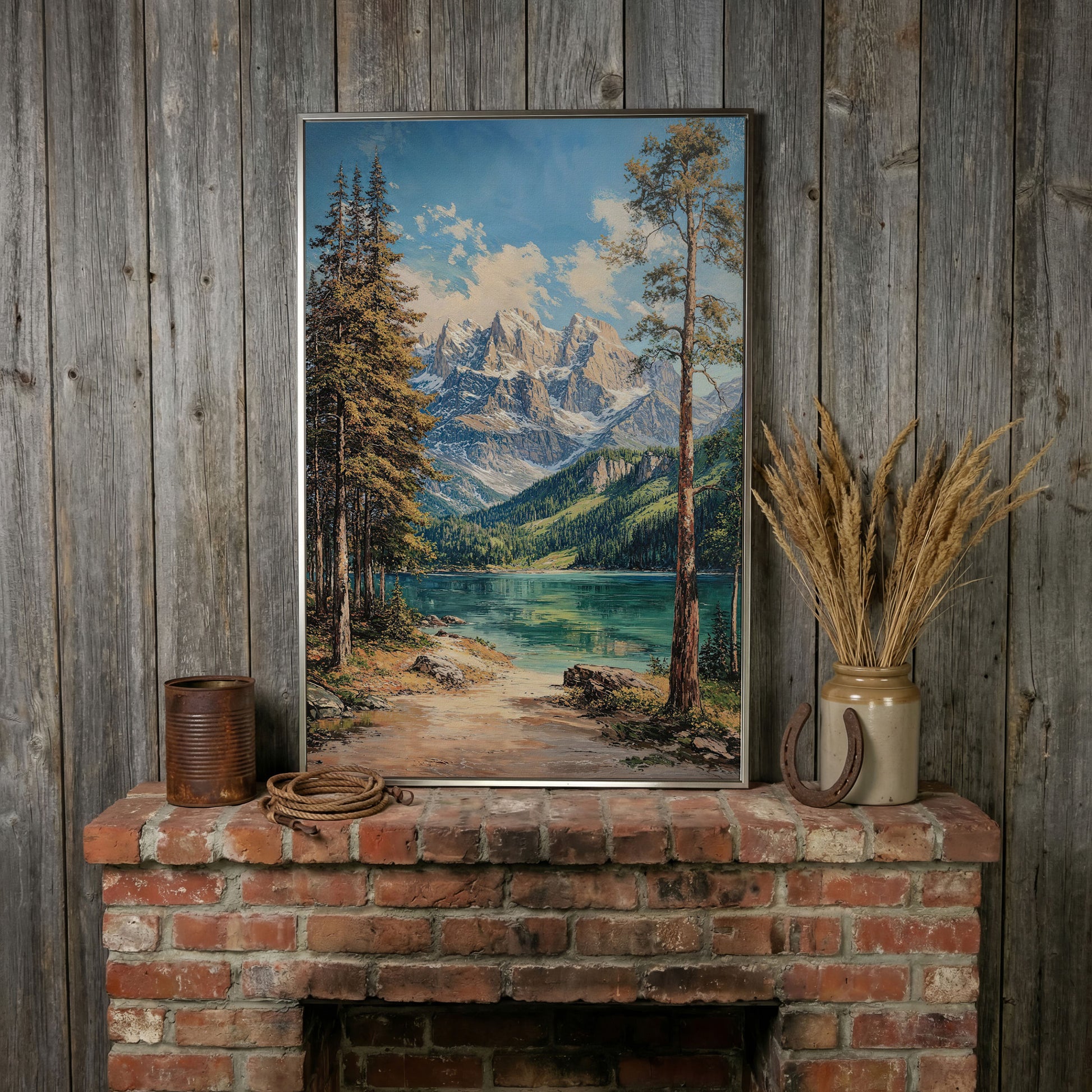 Mountain Lake in Summer: Portrait Canvas Print in silver floating frame