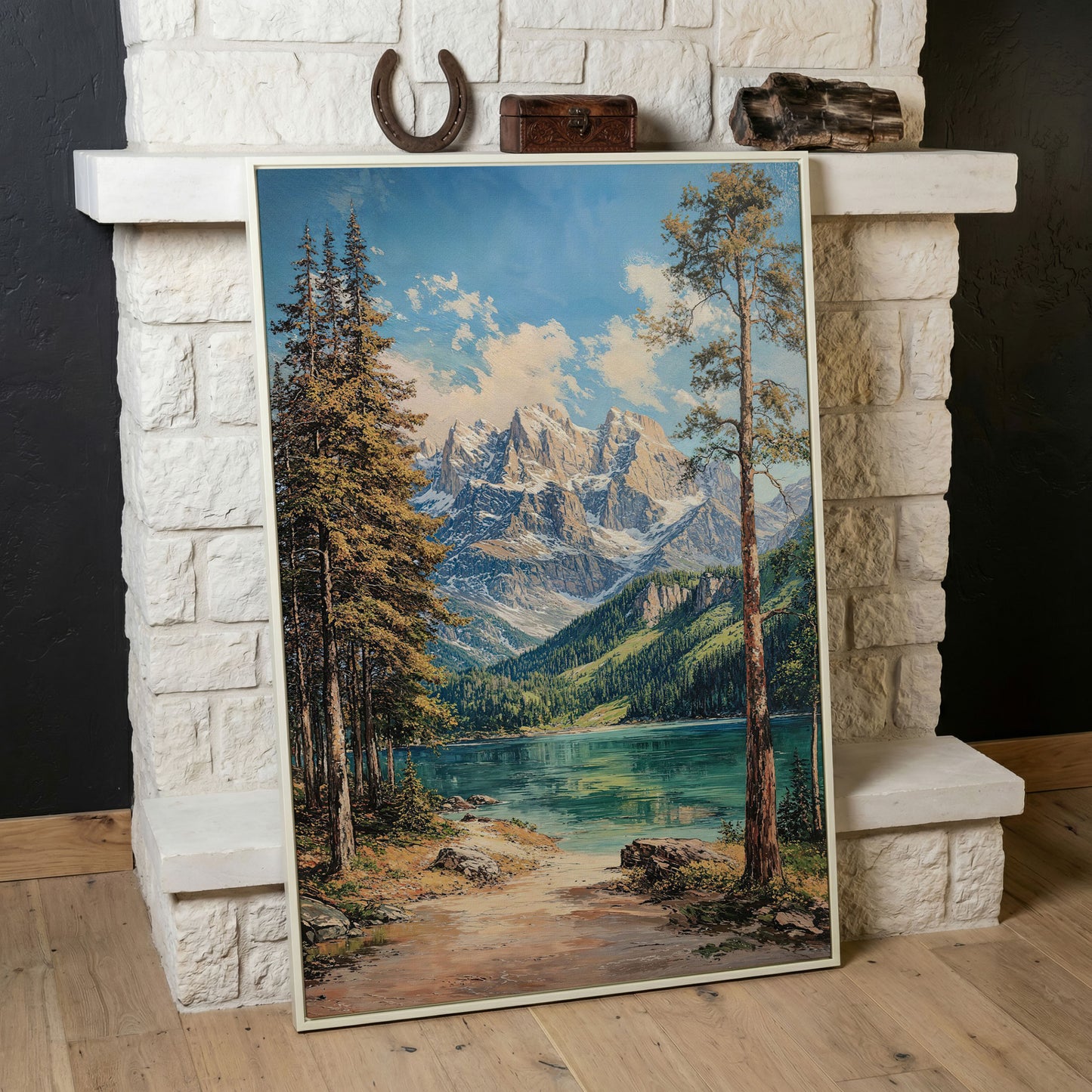 Mountain Lake in Summer: Portrait Canvas Print in white floating frame