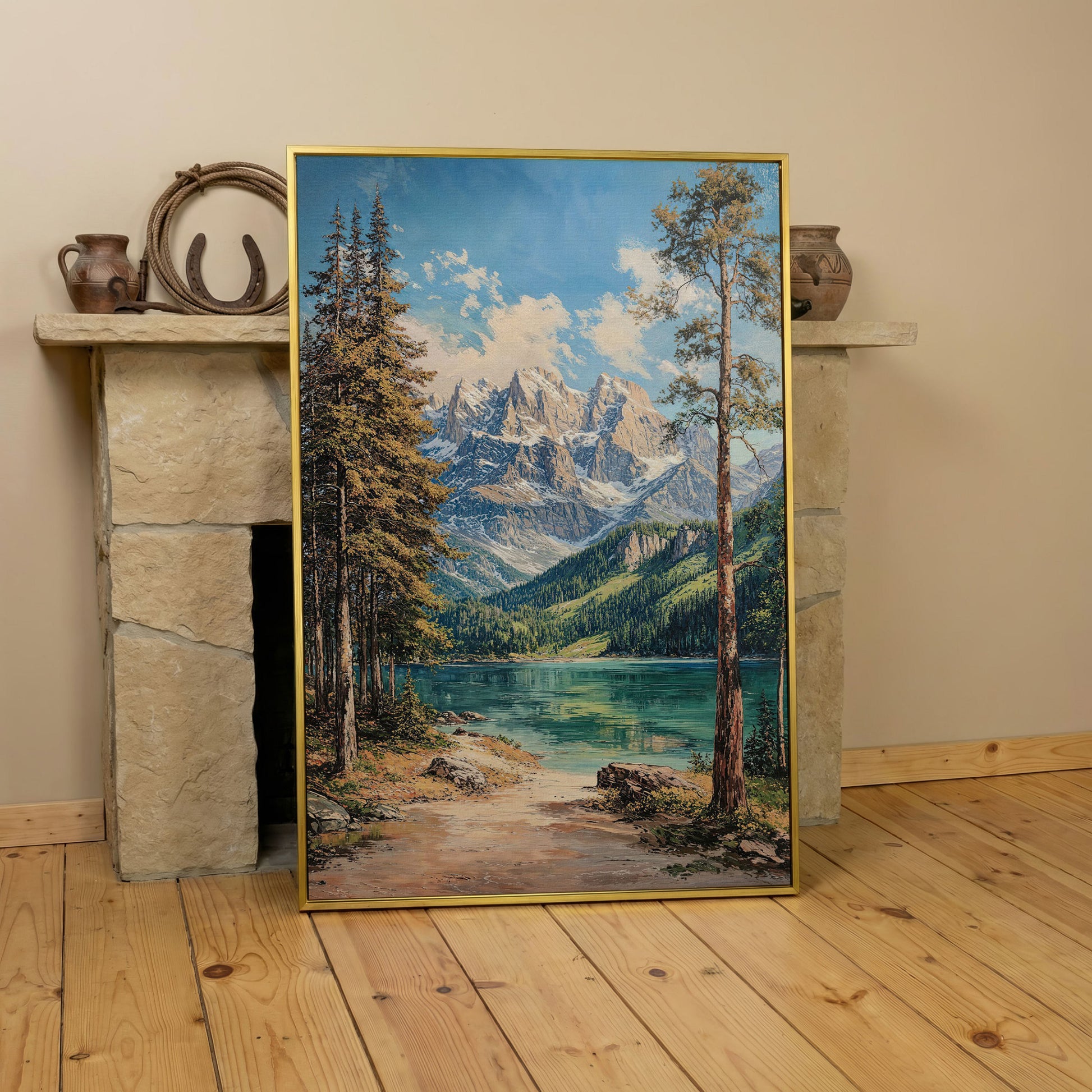 Mountain Lake in Summer: Portrait Canvas Print in yellow gold floating frame