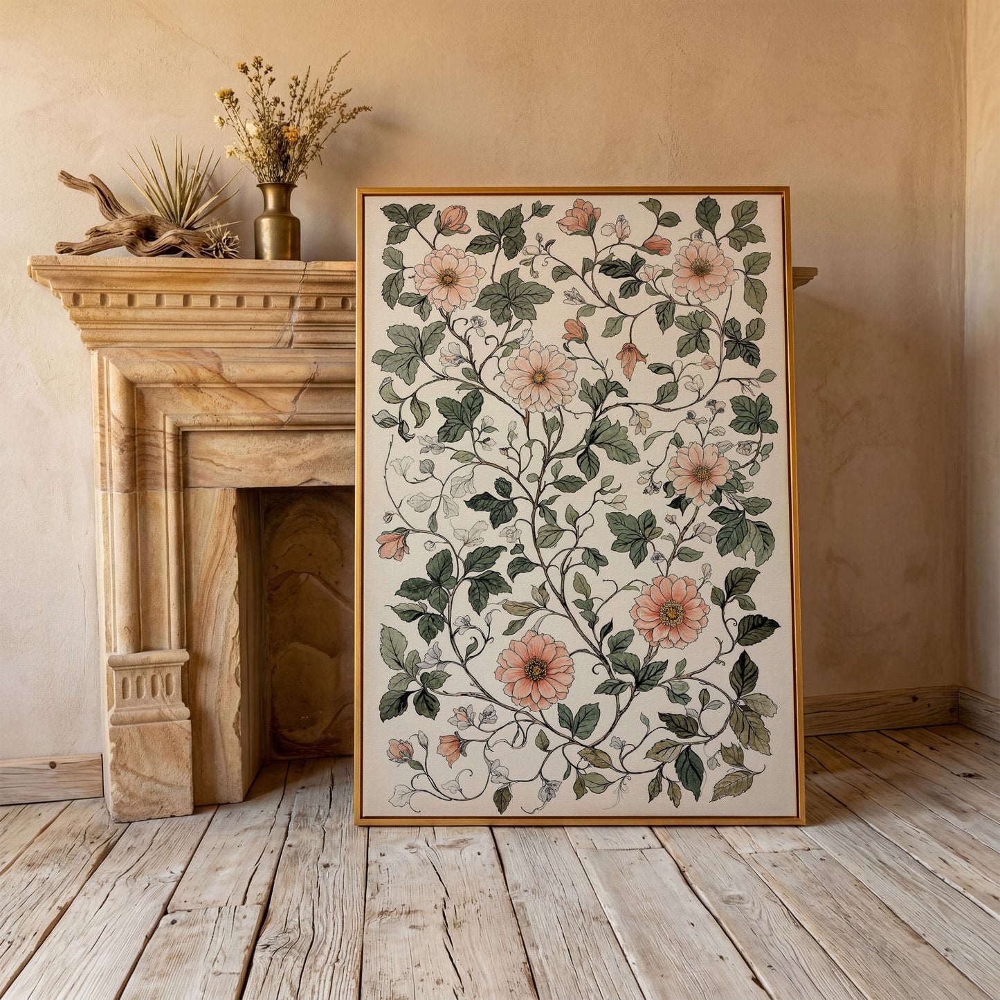 Vintage Botanical Canvas with Dusty Peach and Sage in antique gold floating frame