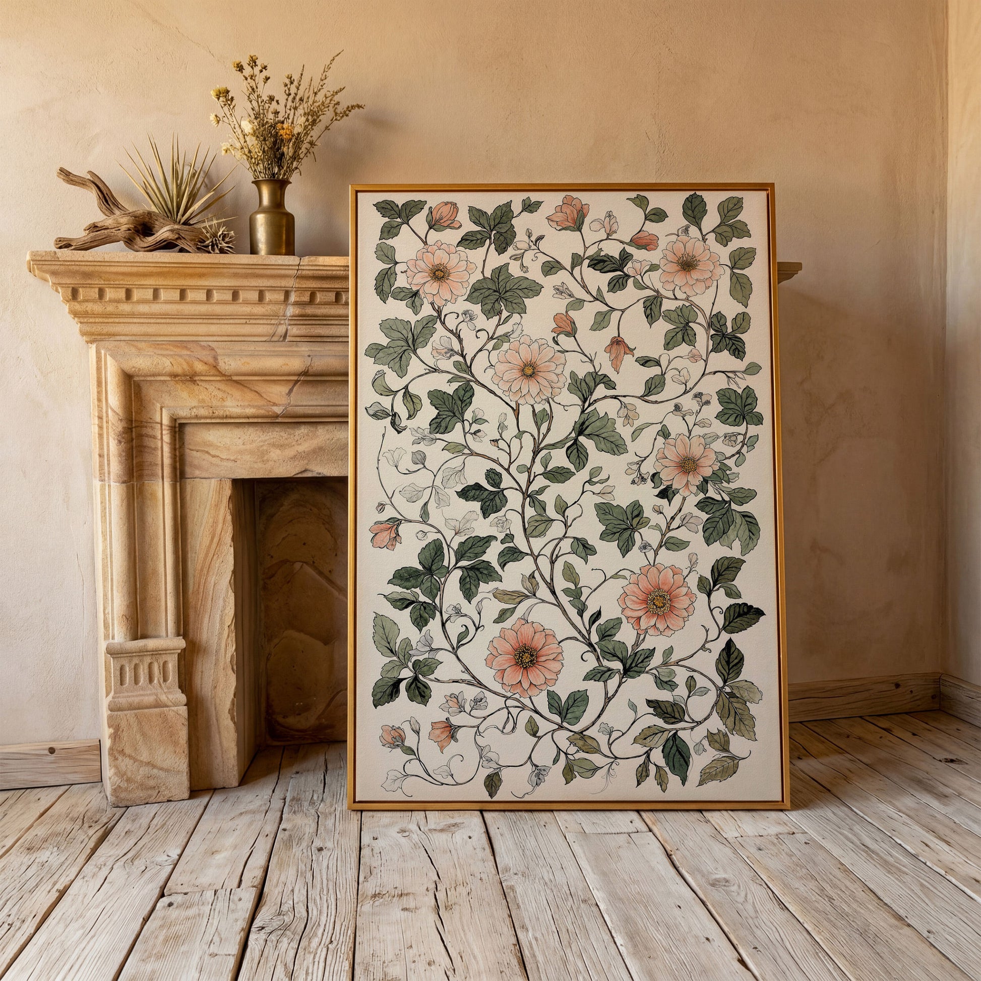 Vintage Botanical Canvas with Dusty Peach and Sage in antique gold floating frame