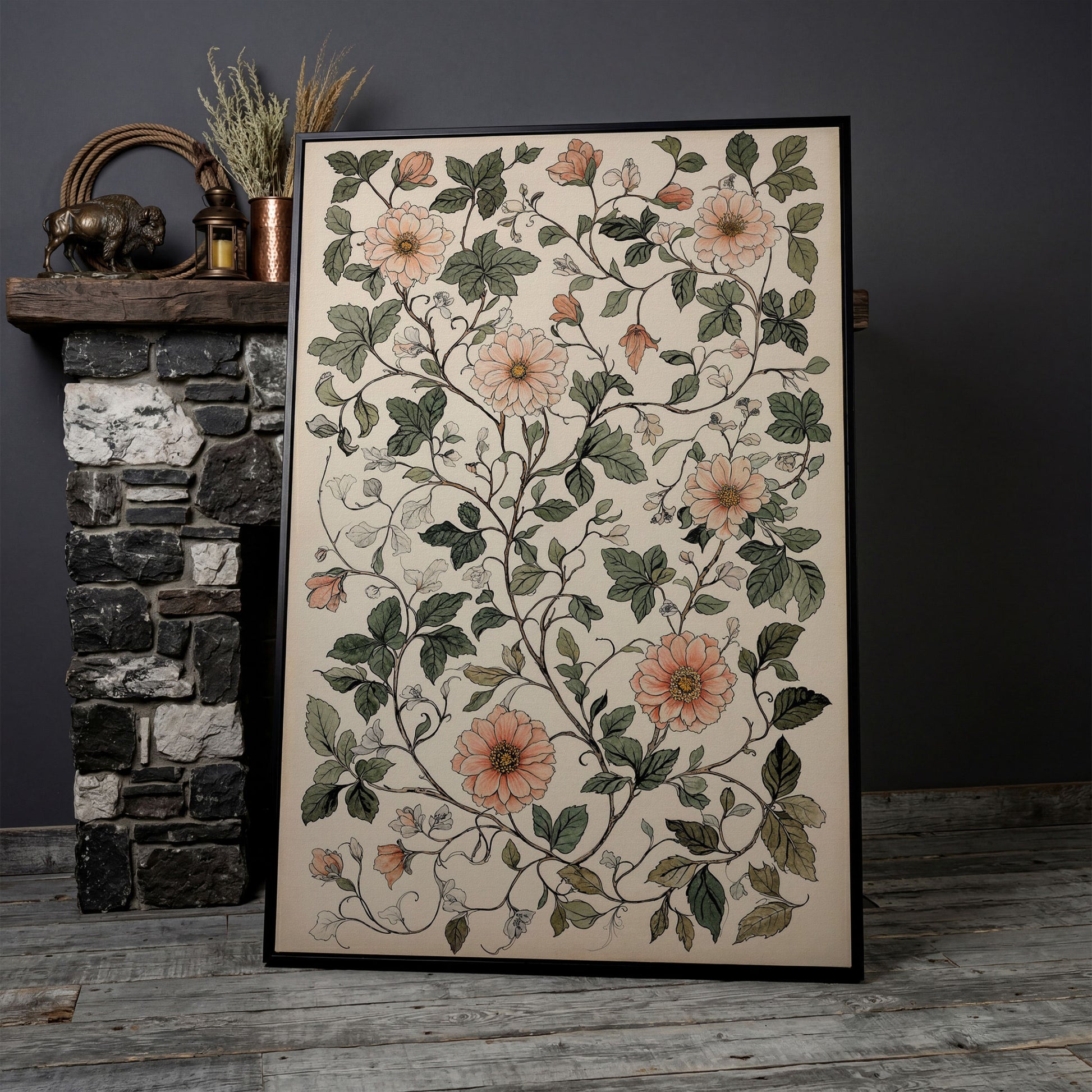 Vintage Botanical Canvas with Dusty Peach and Sage in black floating frame