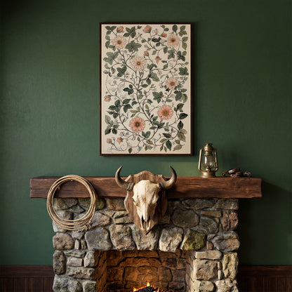 Vintage Botanical Canvas with Dusty Peach and Sage in dark walnut floating frame