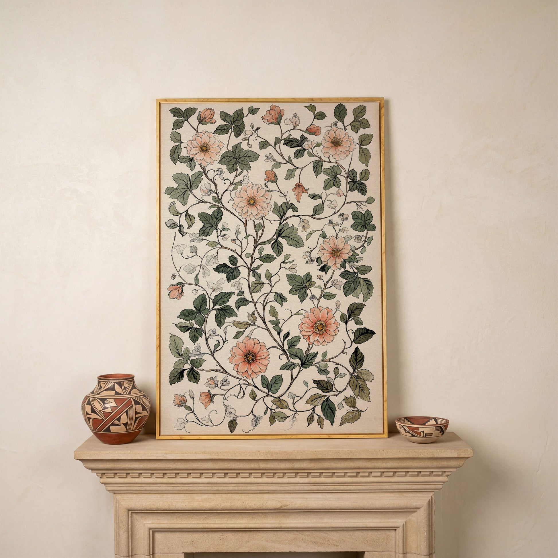 Vintage Botanical Canvas with Dusty Peach and Sage in white oak floating frame