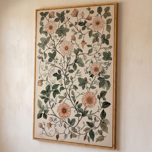Vintage Botanical Canvas with Dusty Peach and Sage shown in white oak floating frame