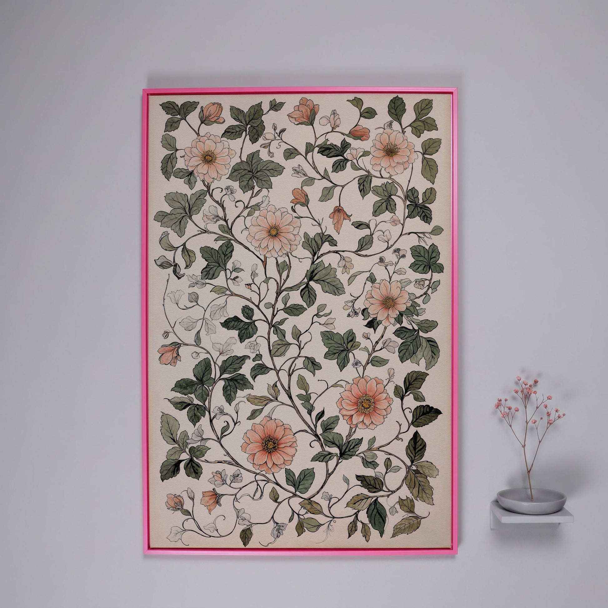 Vintage Botanical Canvas with Dusty Peach and Sage in pink floating frame