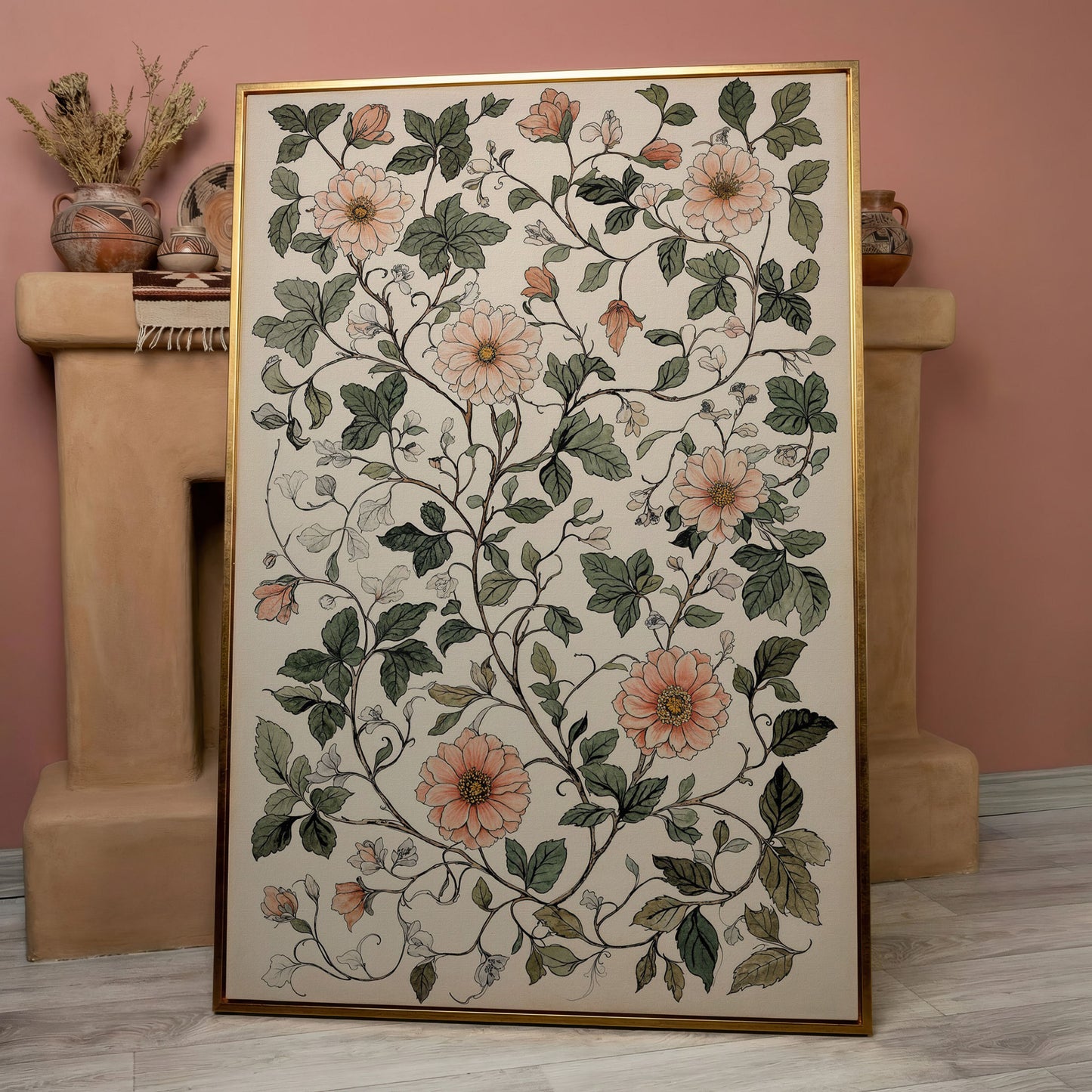 Vintage Botanical Canvas with Dusty Peach and Sage in rose gold floating frame