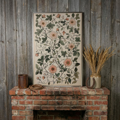 Vintage Botanical Canvas with Dusty Peach and Sage in silver floating frame