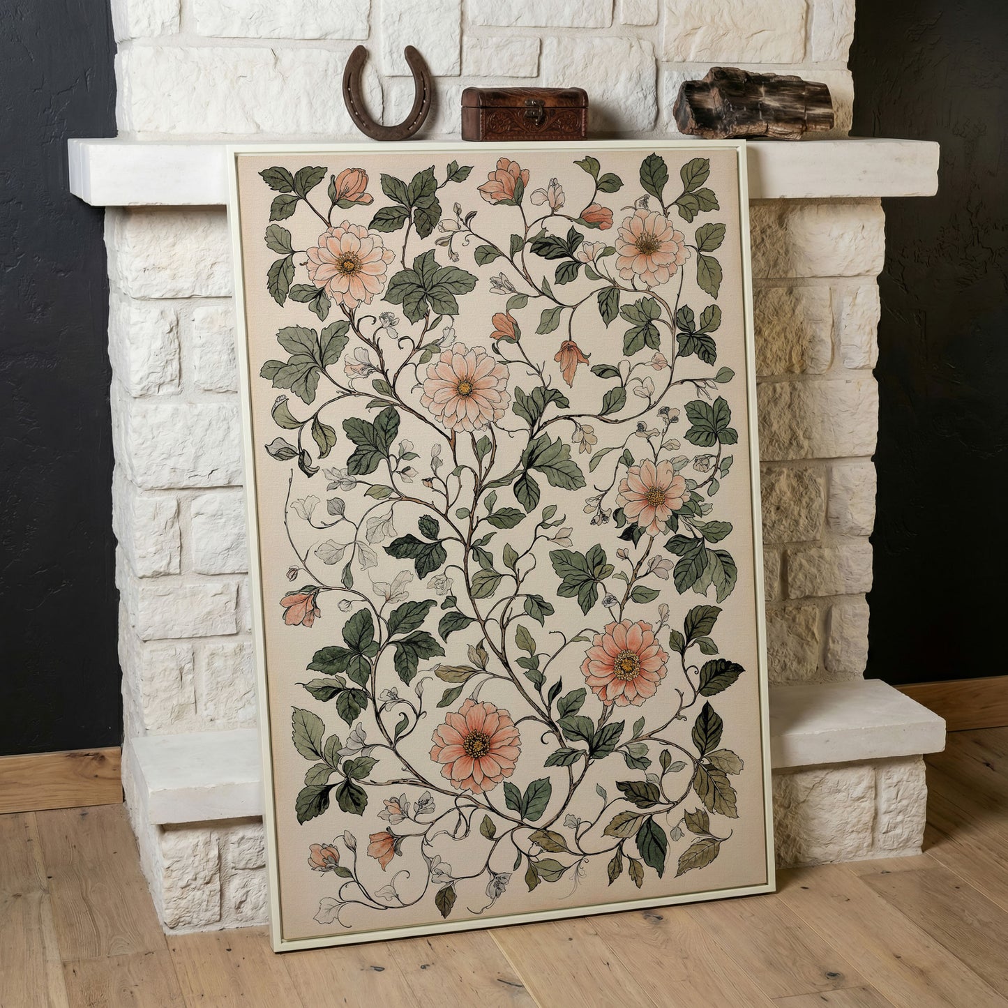 Vintage Botanical Canvas with Dusty Peach and Sage in white floating frame