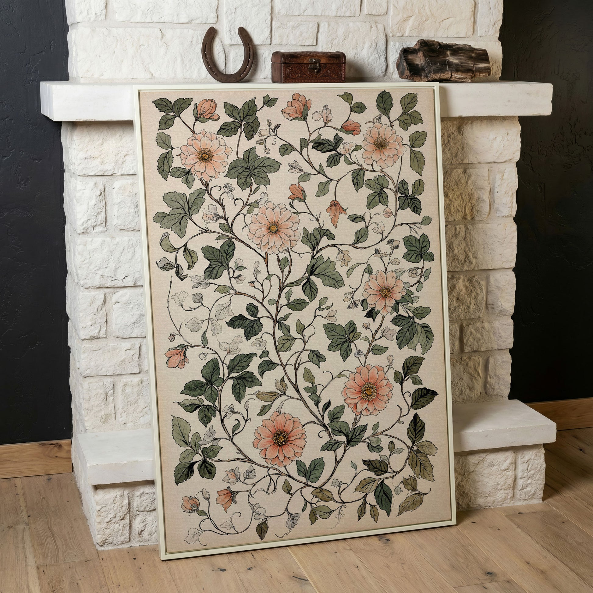 Vintage Botanical Canvas with Dusty Peach and Sage in white floating frame