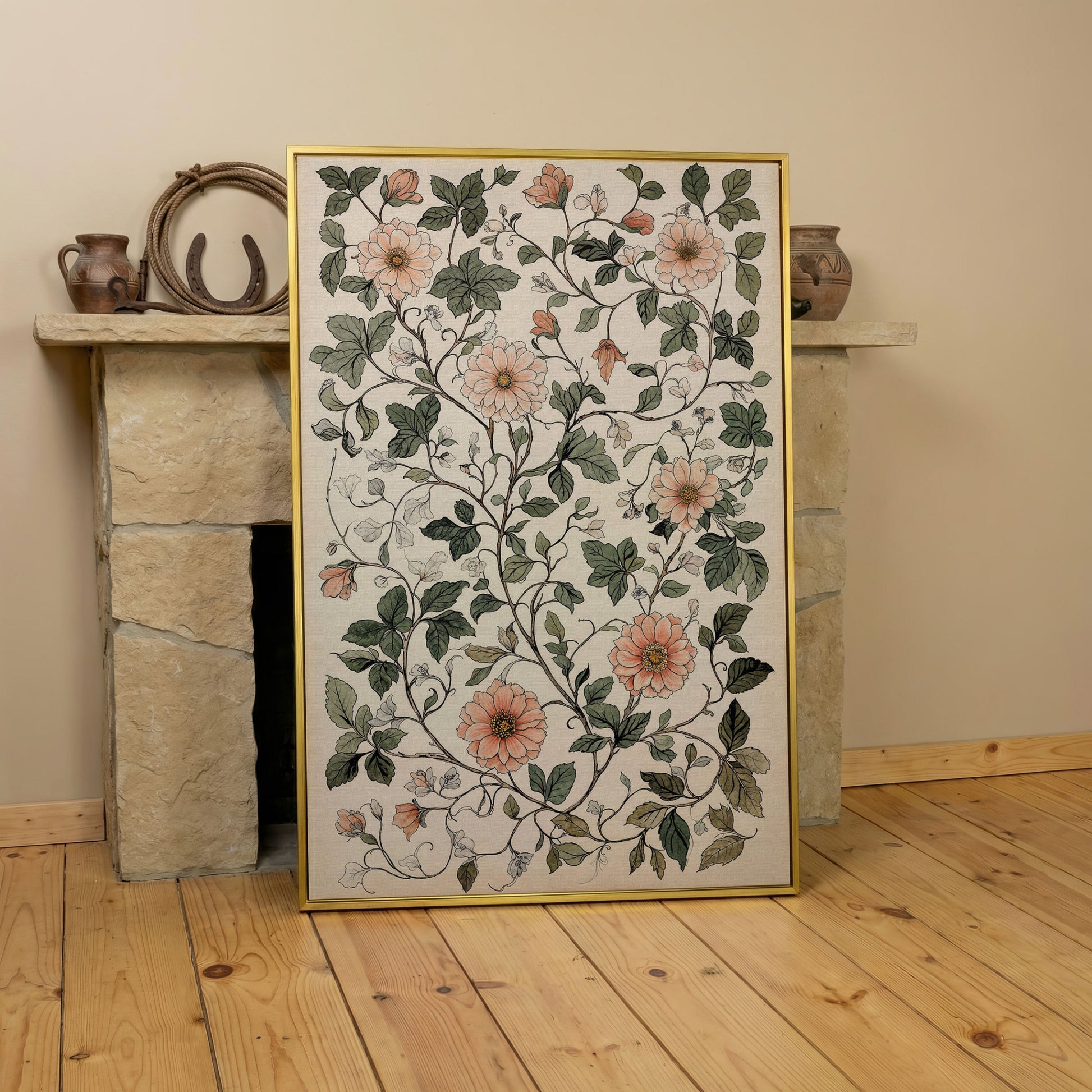 Vintage Botanical Canvas with Dusty Peach and Sage in yellow gold floating frame